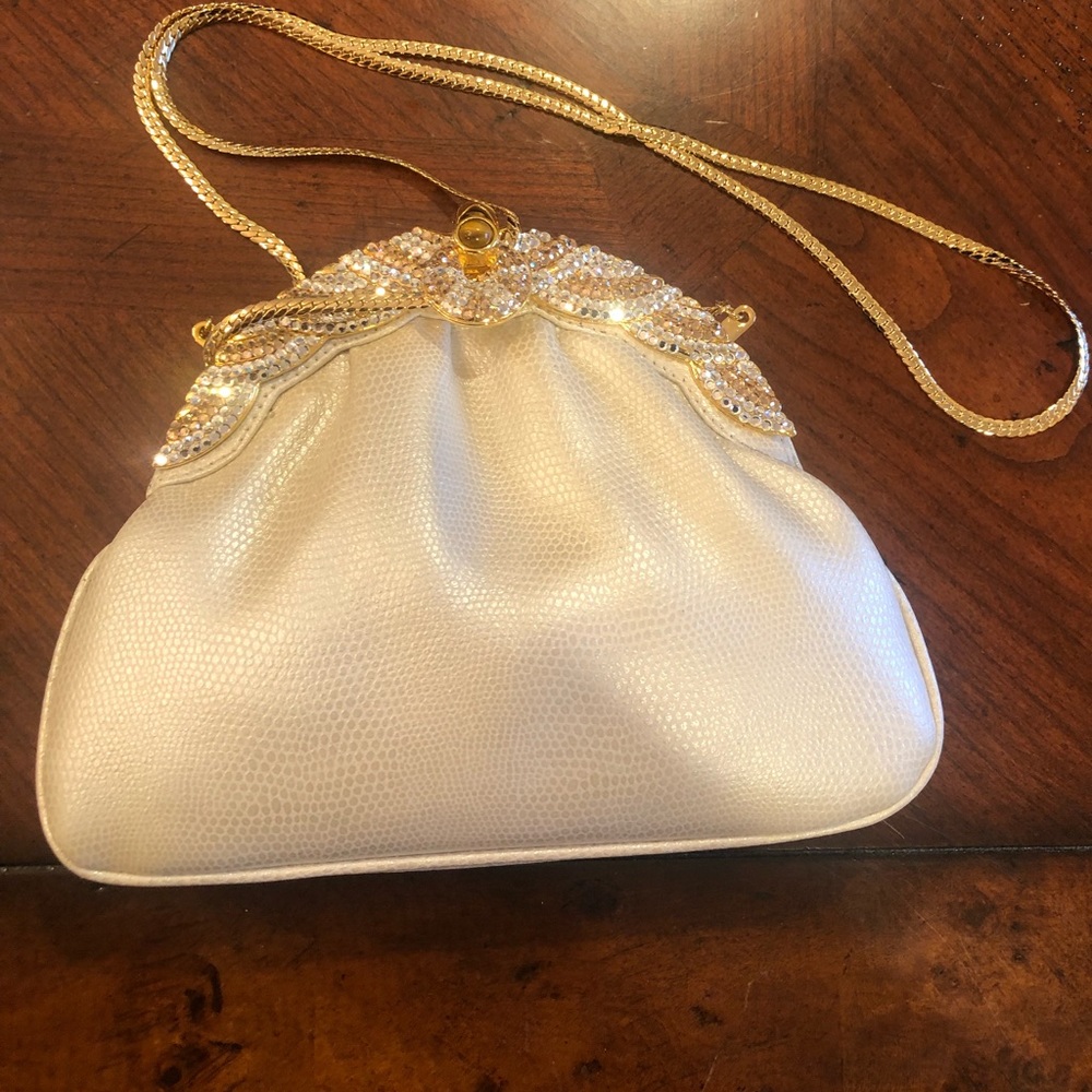 Cross body bag leather with shinny trim long gold